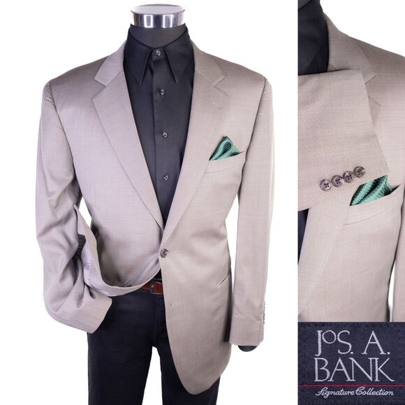 Jos. A. Bank Suit Coat Jacket Blazer Sz 44R Solid Beige Wool Two Button EUC - Picture 1 of 13